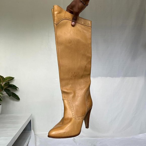 Vintage knee high round pointed toe cowboy boots in beige with side zipper - Picture 1 of 4